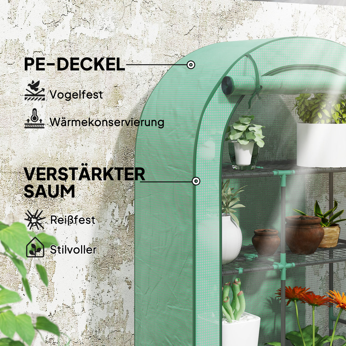 Greenhouse with round roof door, shelves, winterproof foil greenhouse made of steel, greenhouse for balcony, garden, tomato house 100 x 45 x 160 cm, tomato greenhouse for tomatoes, vegetables, flowers, green
