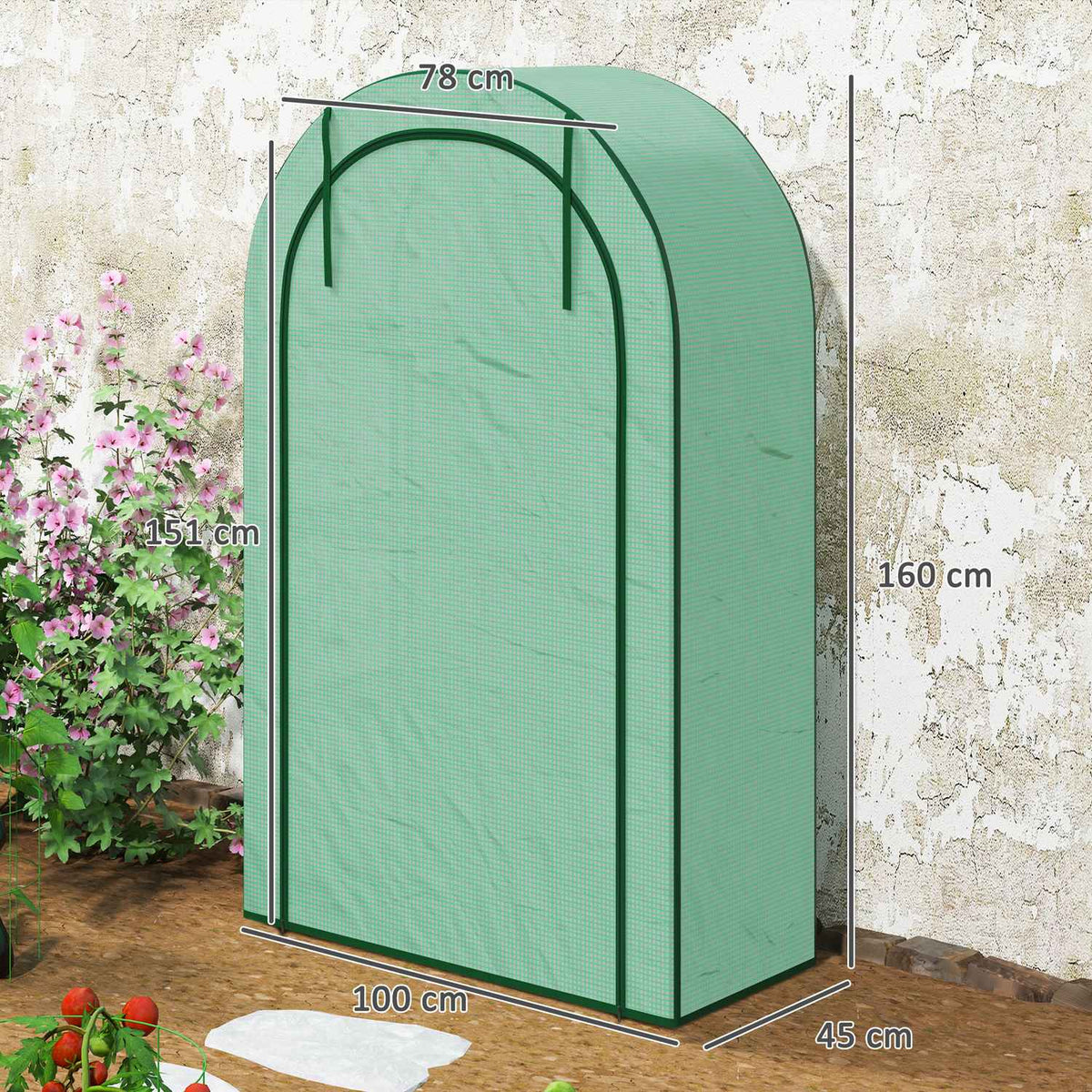 Greenhouse with round roof door, shelves, winterproof foil greenhouse made of steel, greenhouse for balcony, garden, tomato house 100 x 45 x 160 cm, tomato greenhouse for tomatoes, vegetables, flowers, green