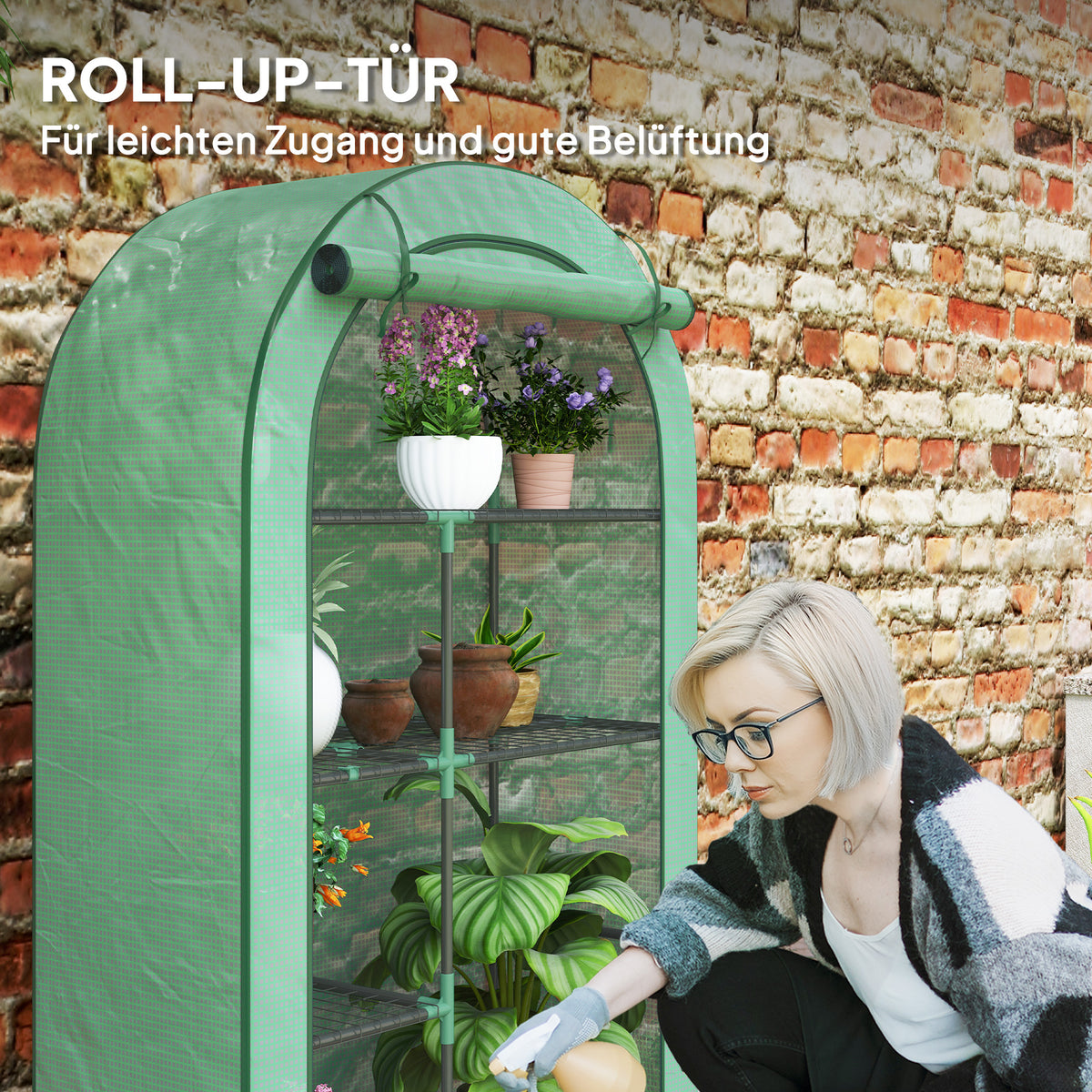 Greenhouse with round roof door, shelves, winterproof foil greenhouse made of steel, greenhouse for balcony, garden, tomato house 100 x 45 x 160 cm, tomato greenhouse for tomatoes, vegetables, flowers, green