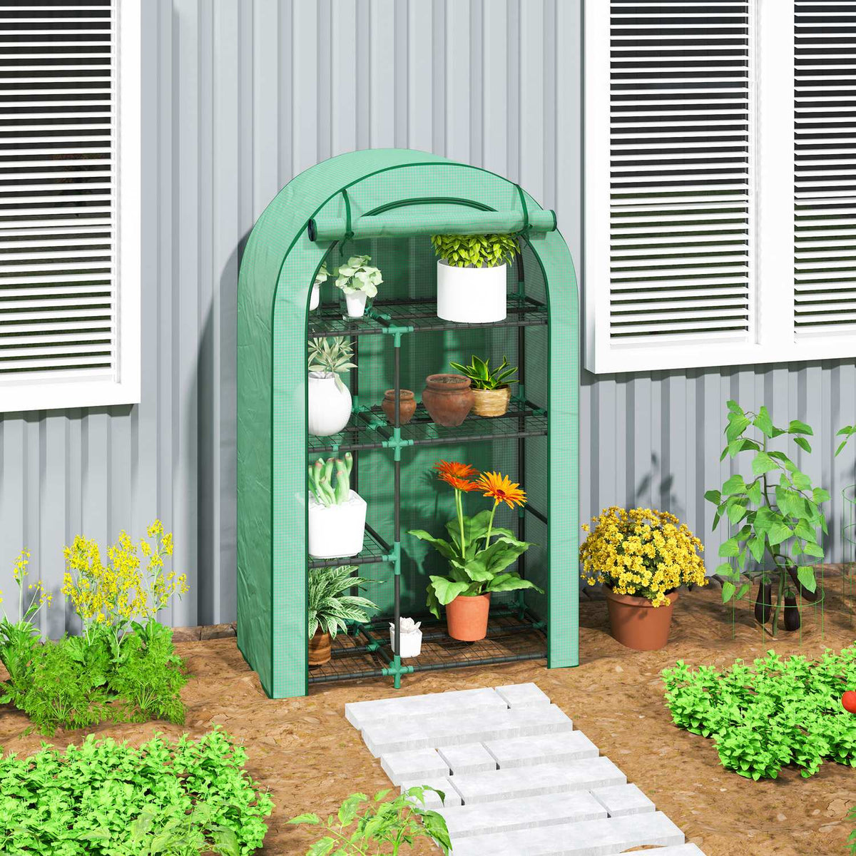 Greenhouse with round roof door, shelves, winterproof foil greenhouse made of steel, greenhouse for balcony, garden, tomato house 100 x 45 x 160 cm, tomato greenhouse for tomatoes, vegetables, flowers, green