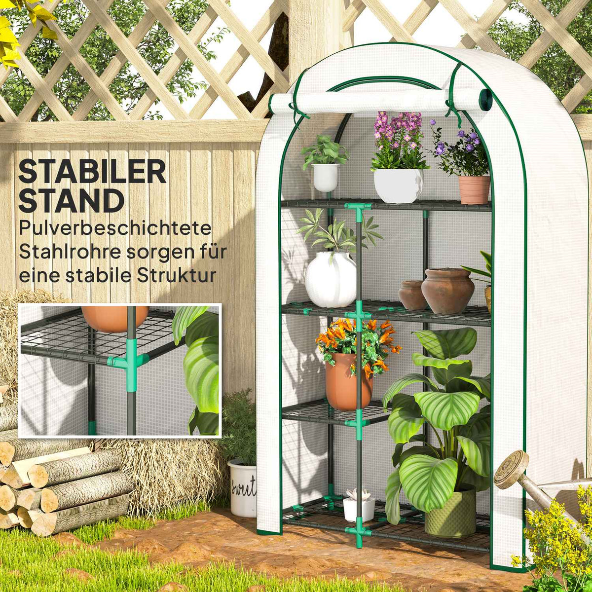 Greenhouse with round roof door, shelves, winterproof steel foil greenhouse, greenhouse for balcony, garden, tomato house 100 x 45 x 160 cm, tomato greenhouse for tomatoes, vegetables, flowers, white