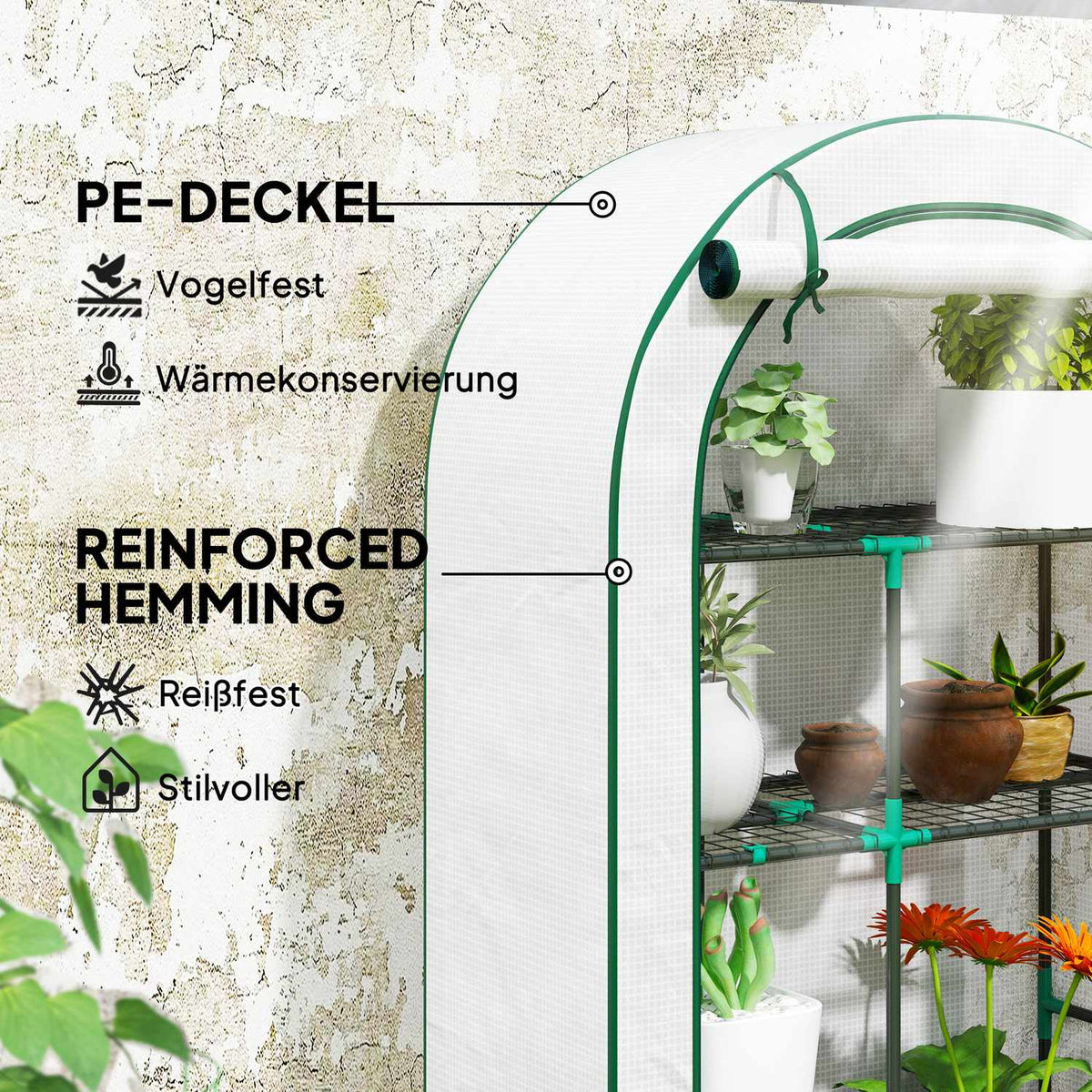 Greenhouse with round roof door, shelves, winterproof steel foil greenhouse, greenhouse for balcony, garden, tomato house 100 x 45 x 160 cm, tomato greenhouse for tomatoes, vegetables, flowers, white