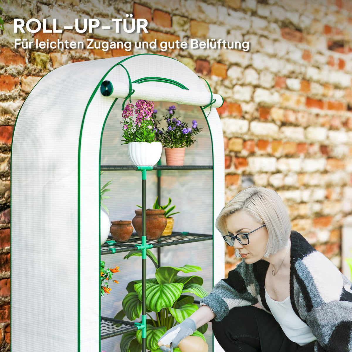Greenhouse with round roof door, shelves, winterproof steel foil greenhouse, greenhouse for balcony, garden, tomato house 100 x 45 x 160 cm, tomato greenhouse for tomatoes, vegetables, flowers, white