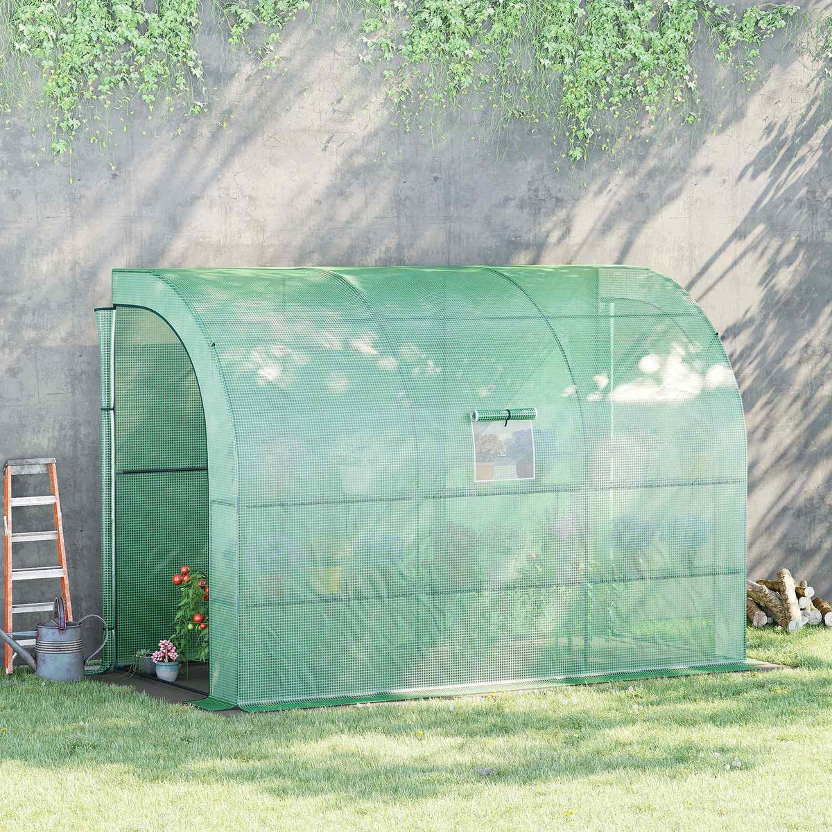 Greenhouse with shelves, windows, winter-proof film greenhouse made of steel, wall-mounted greenhouse for balcony, garden, tomato house 300 x 150 x 213 cm tomato greenhouse for vegetables, flowers, plants, green