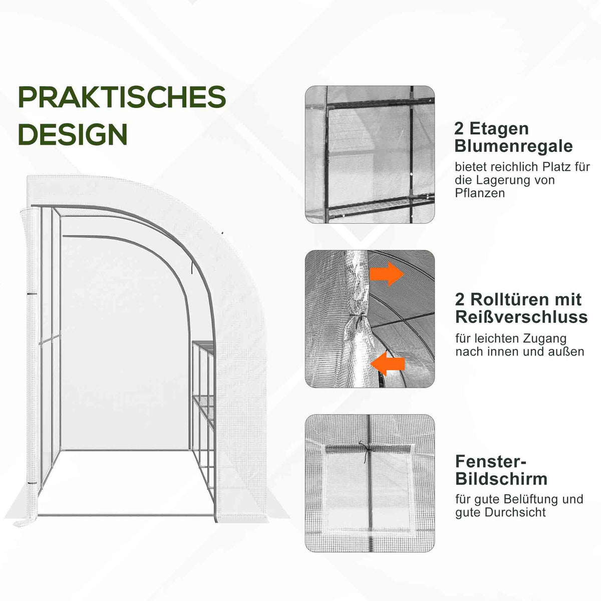 Greenhouse with shelves, windows, winter-proof film greenhouse made of steel, wall-mounted greenhouse for balcony, garden, tomato house 300 x 150 x 213 cm tomato greenhouse for vegetables, flowers, plants, white