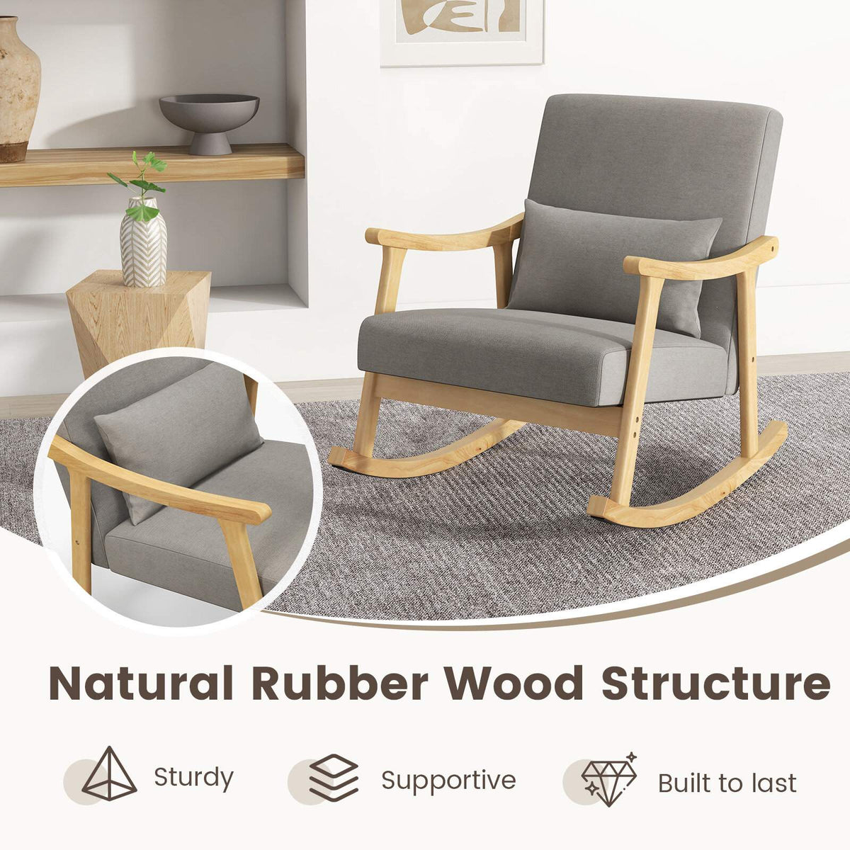 Grey Nursery Rocking Chair with Rubber Wood Armrests