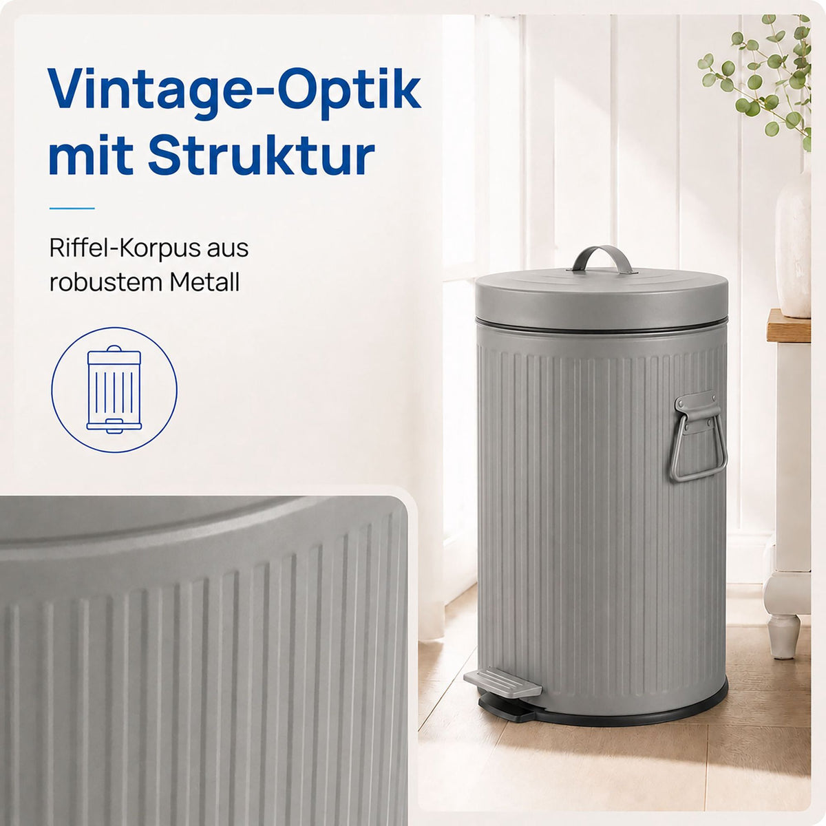 Grey Retro Pedal Bin, 20L, Soft-Close, Kitchen/Office