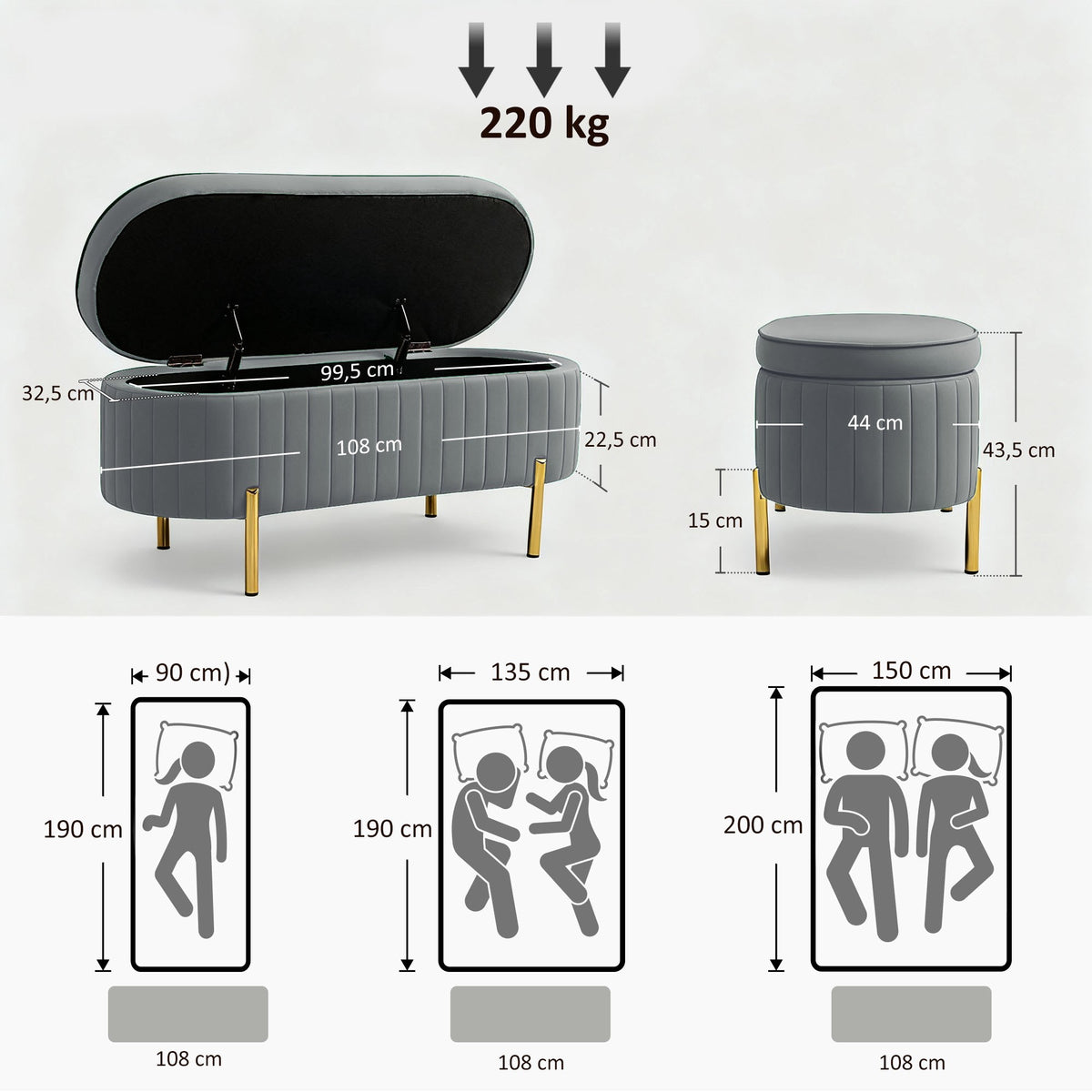 Grey Velvet Storage Bench with Gold Legs, 72L Capacity