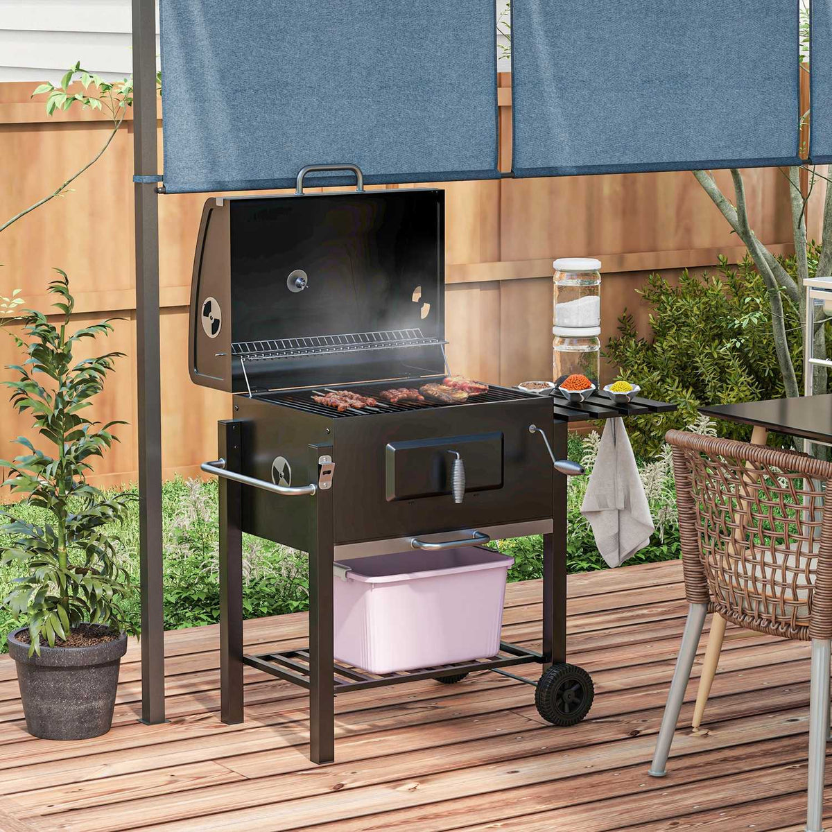 Grill Cart Charcoal Grill Bbq Standing Grill, Stainless Steel, Black, 113X65X108Cm