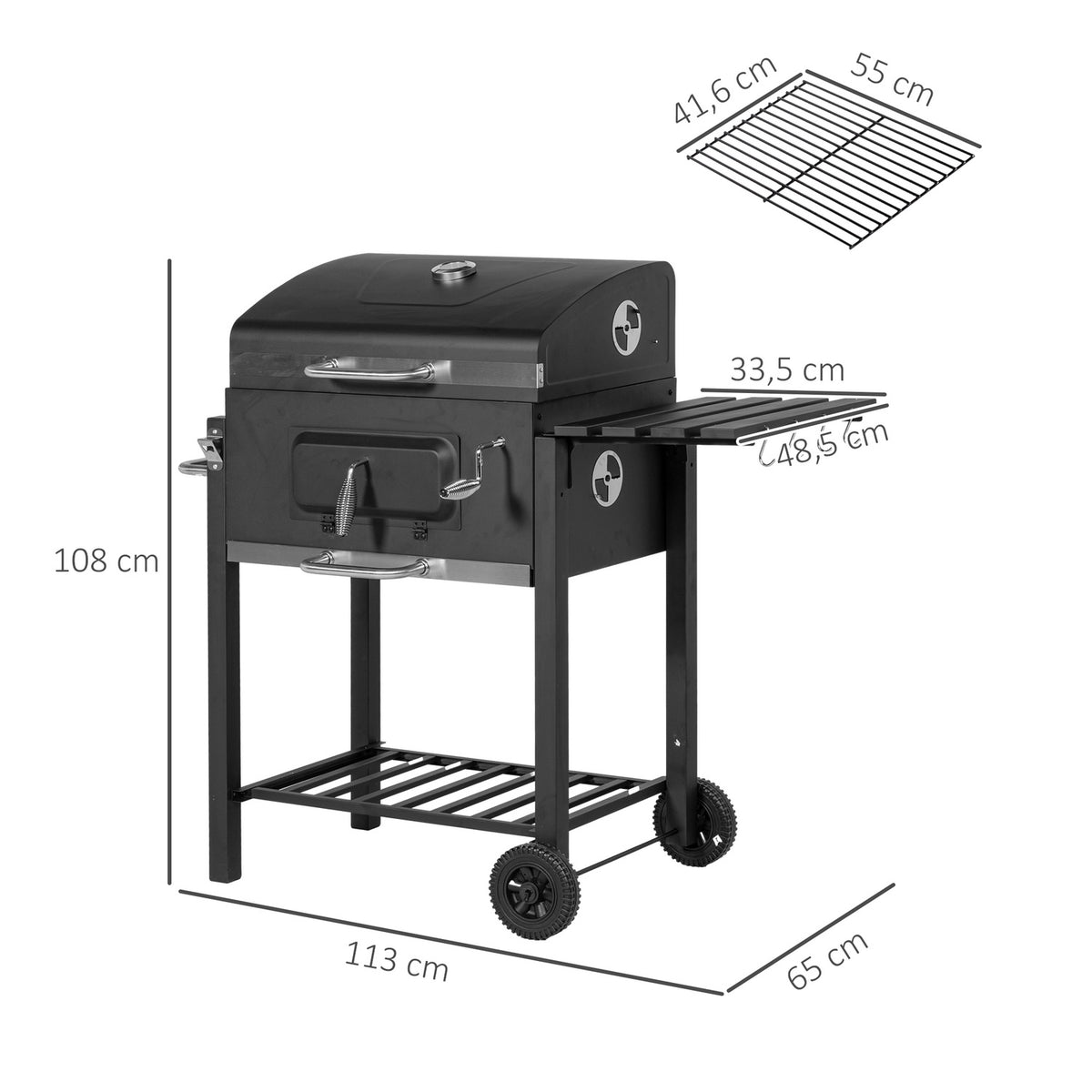 Grill Cart Charcoal Grill Bbq Standing Grill, Stainless Steel, Black, 113X65X108Cm