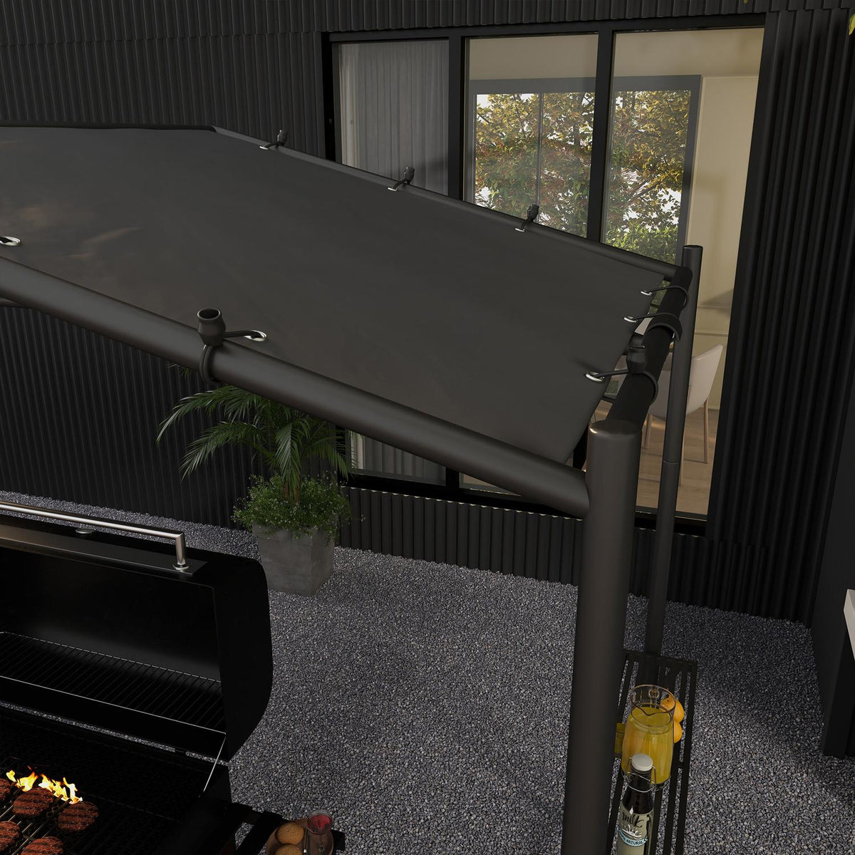 Grill Pavilion 3X1.5M Weatherproof Grill Canopy With 2 Side Shelves, Steel, Dark Gray, For Garden & Balcony