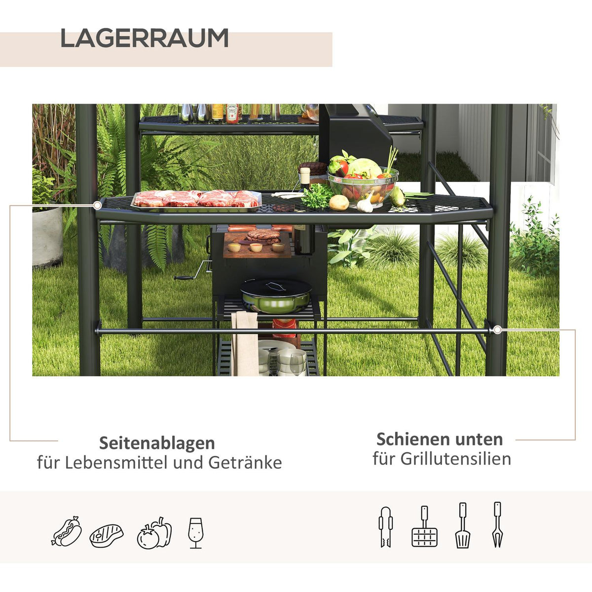 Grill Pavilion Flame Protection Roof Bbq Pavilion 2 Shelves Uv Protection Pergola Garden Balcony Steel Pc Dark Gray 240X150X230Cm