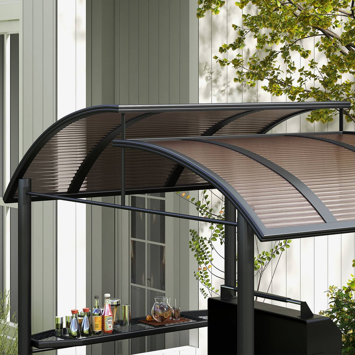 Grill Pavilion Flame Protection Roof Bbq Pavilion 2 Shelves Uv Protection Pergola Garden Balcony Steel Pc Dark Gray 240X150X230Cm