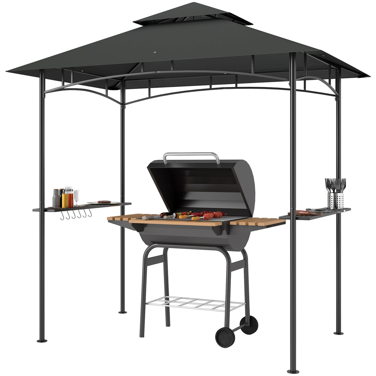 Grill pavilion with LED 240 x 150 x 258 cm water-repellent flame-retardant garden pavilion with double-layer roof, side shelves, gazebo with UV protection, BBQ pavilion for party BBQ dark gray