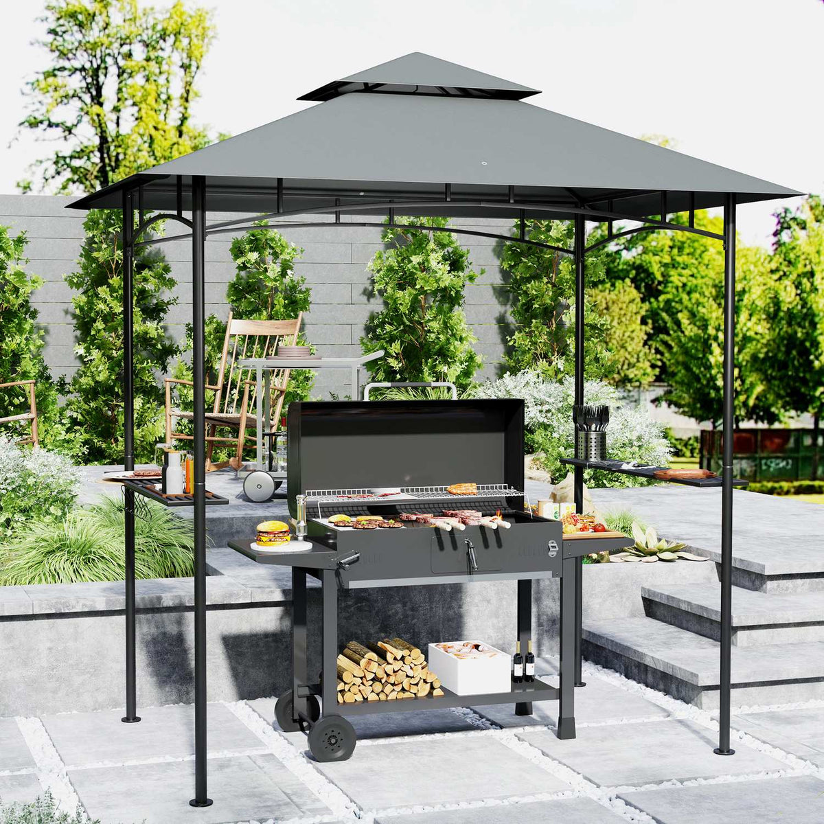 Grill pavilion with LED 240 x 150 x 258 cm water-repellent flame-retardant garden pavilion with double-layer roof, side shelves, gazebo with UV protection, BBQ pavilion for party BBQ dark gray