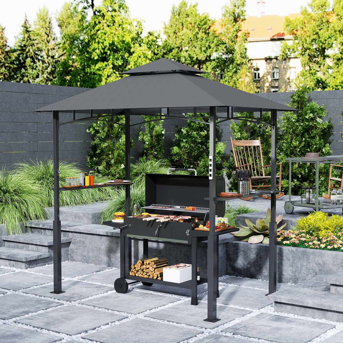 Grill pavilion with LED 243 x 148 x 248 cm waterproof flame retardant garden pavilion with double roof, side shelves, gazebo with UV protection, BBQ pavilion made of metal grill tent for party BBQ gray