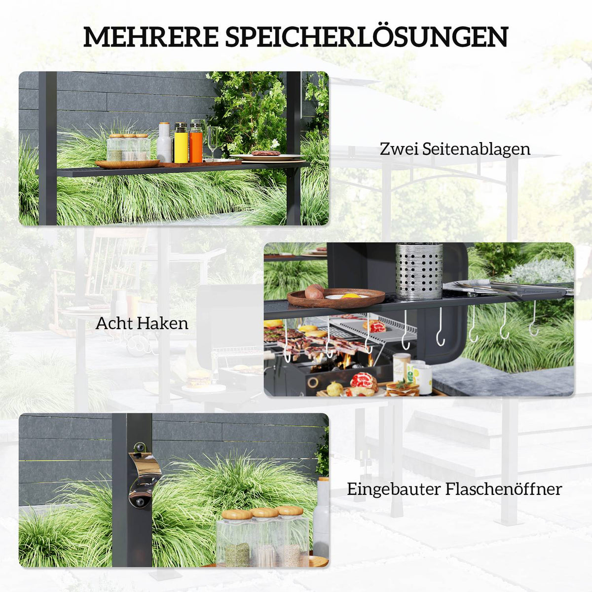 Grill pavilion with LED 243 x 148 x 248 cm waterproof flame retardant garden pavilion with double roof, side shelves, gazebo with UV protection, BBQ pavilion made of metal grill tent for party BBQ gray
