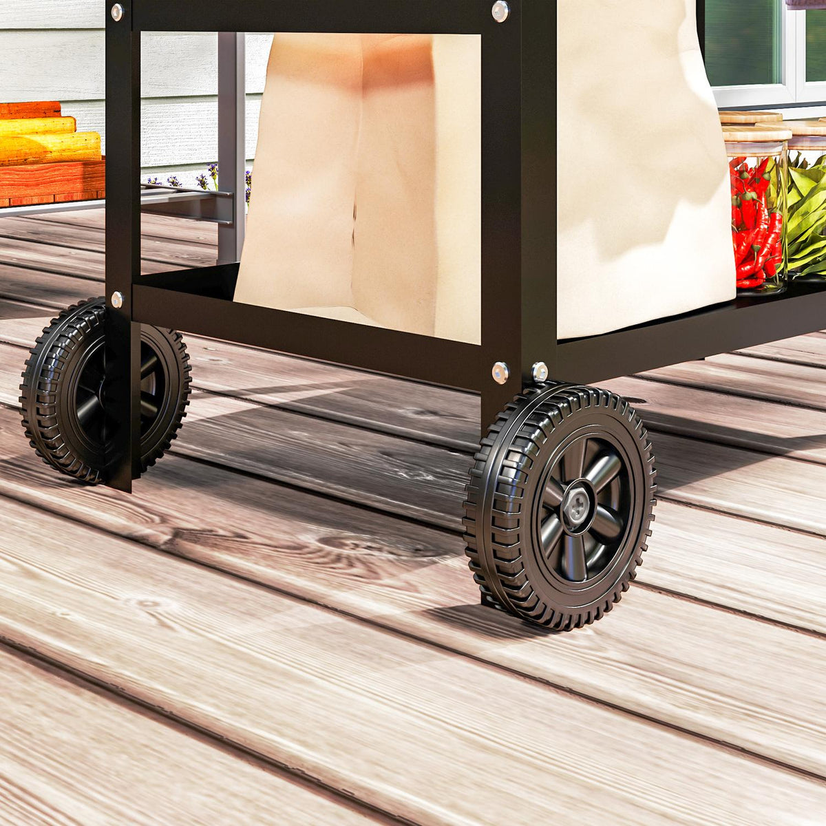 Grill trolley 3-tier serving trolley with work surface handles cover wheels, height adjustable BBQ grill table stainless steel, grill side table, outdoor trolley for garden grill 100x52x80cm black