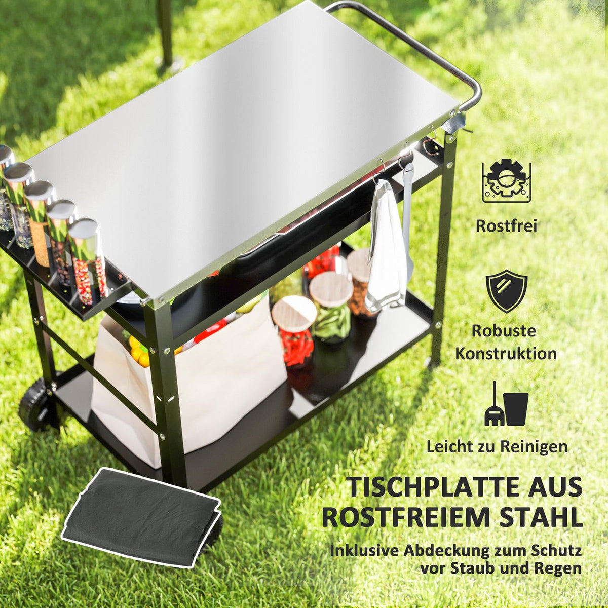 Grill trolley 3-tier serving trolley with work surface handles cover wheels, height adjustable BBQ grill table stainless steel, grill side table, outdoor trolley for garden grill 100x52x80cm black
