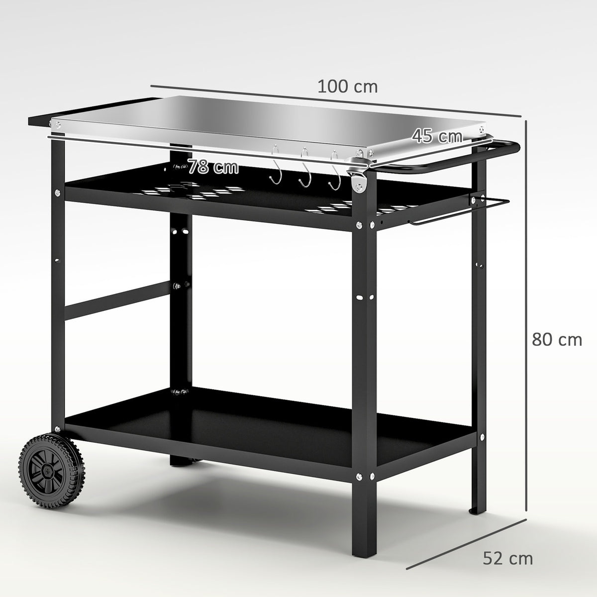 Grill trolley 3-tier serving trolley with work surface handles cover wheels, height adjustable BBQ grill table stainless steel, grill side table, outdoor trolley for garden grill 100x52x80cm black