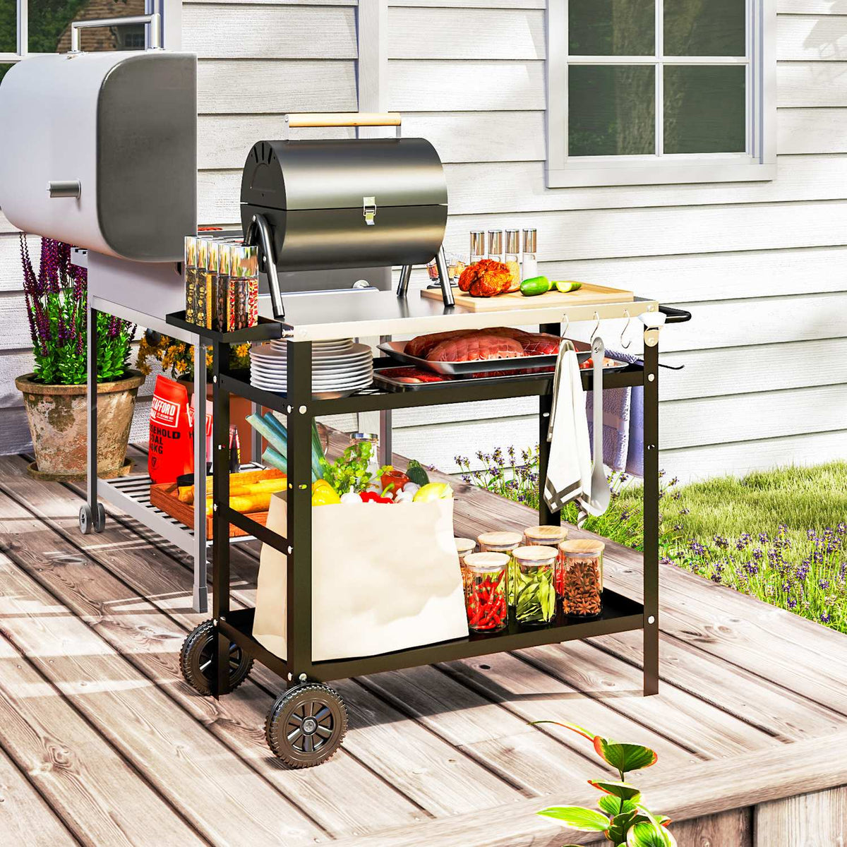 Grill trolley 3-tier serving trolley with work surface handles cover wheels, height adjustable BBQ grill table stainless steel, grill side table, outdoor trolley for garden grill 100x52x80cm black