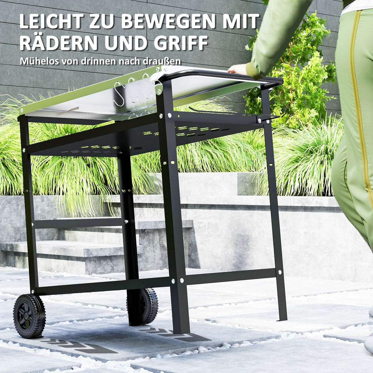 Grill trolley 3-tier serving trolley with work surface handles cover wheels, height adjustable BBQ grill table stainless steel, grill side table, outdoor trolley for garden grill 100x52x80cm black