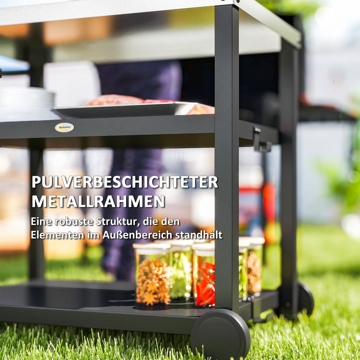 Grill trolley 3-tier serving trolley with work surface shelves hook wheels, stainless steel BBQ grill table, grill side table, outdoor trolley, charcoal grill for garden grill 102x50x81cm charcoal gray