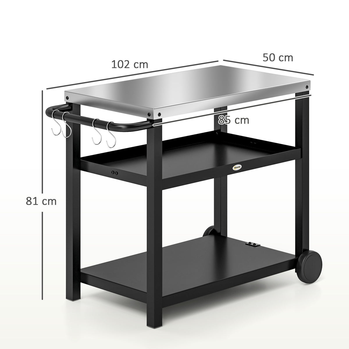 Grill trolley 3-tier serving trolley with work surface shelves hook wheels, stainless steel BBQ grill table, grill side table, outdoor trolley, charcoal grill for garden grill 102x50x81cm charcoal gray