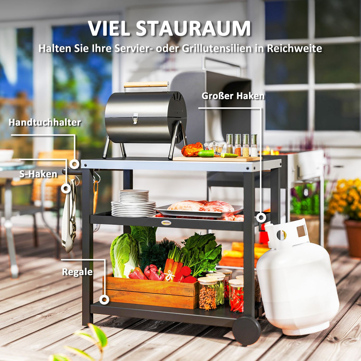 Grill trolley 3-tier serving trolley with work surface shelves hook wheels, stainless steel BBQ grill table, grill side table, outdoor trolley, charcoal grill for garden grill 102x50x81cm charcoal gray