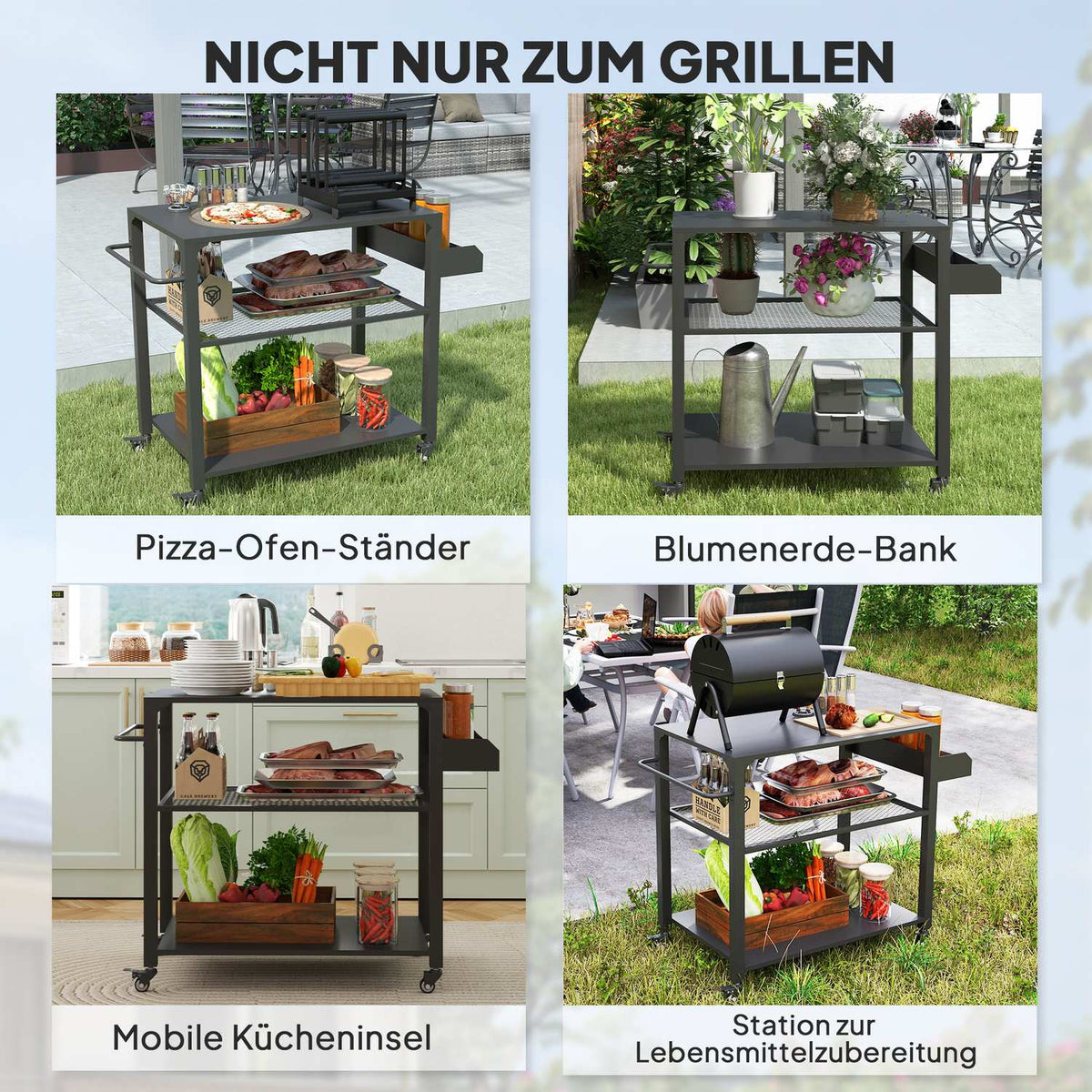 Grill trolley 3-tier serving trolley with work surface shelves wheels, BBQ grill table made of stainless steel, grill side table, outdoor trolley, charcoal grill for garden, terrace, 105x50x79cm black