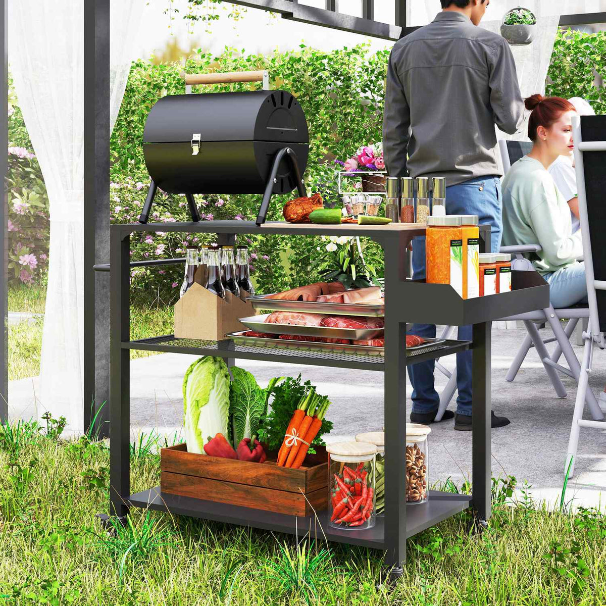 Grill trolley 3-tier serving trolley with work surface shelves wheels, BBQ grill table made of stainless steel, grill side table, outdoor trolley, charcoal grill for garden, terrace, 105x50x79cm black