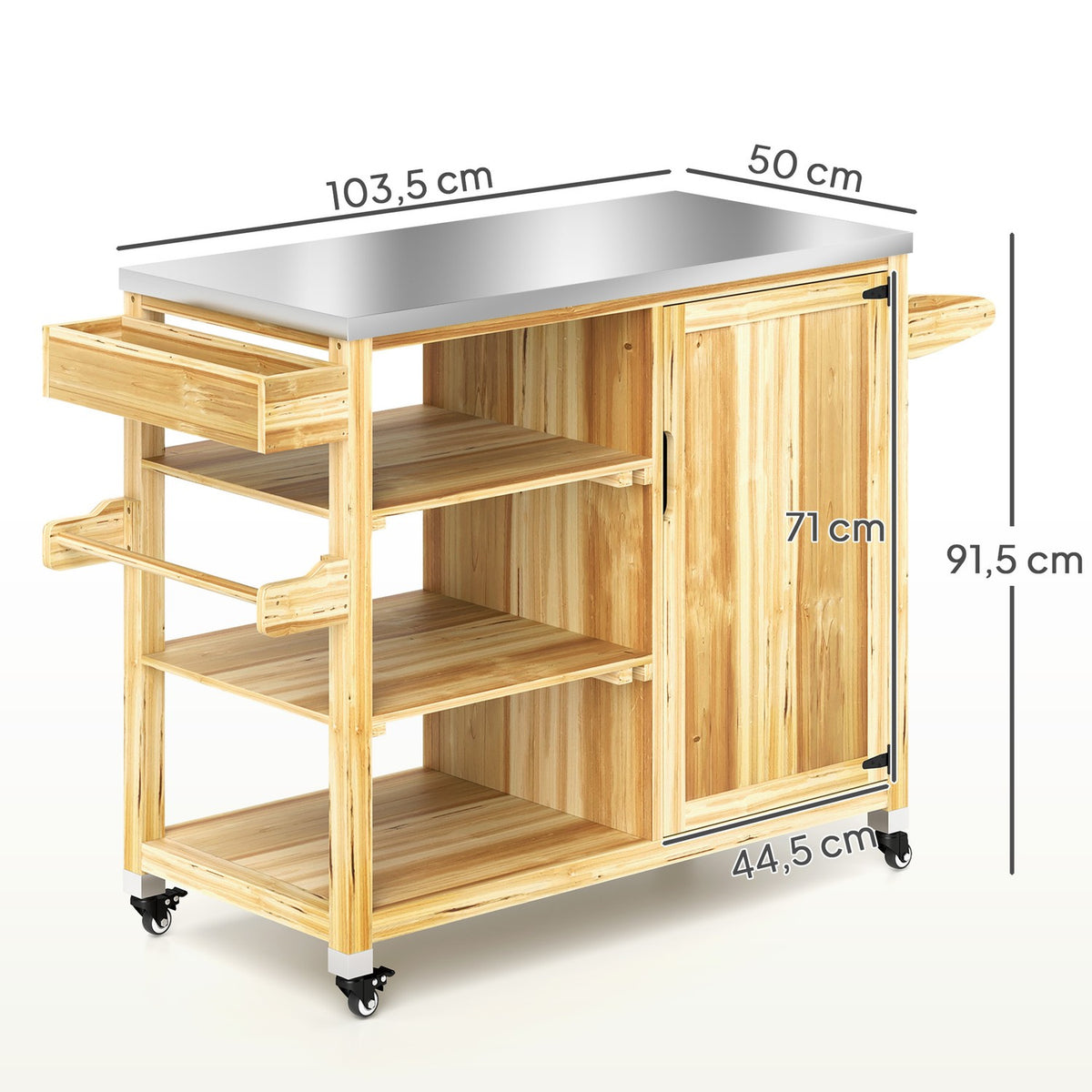 Grill trolley 6-tier serving trolley with work surface towel rack, BBQ grill table made of wood, grill side table, outdoor trolley, charcoal grill for garden, terrace 134.5x50x91.5cm natural wood