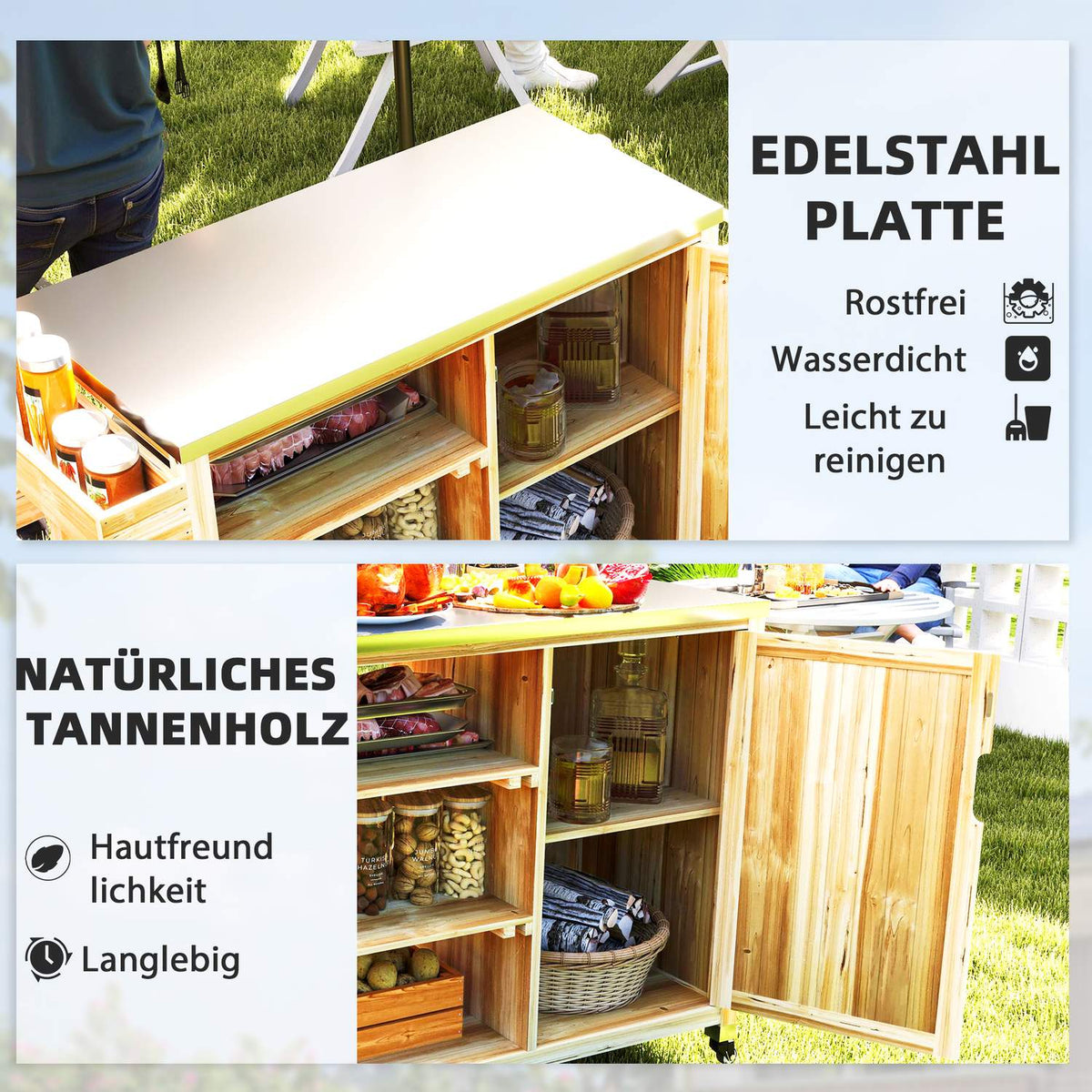 Grill trolley 6-tier serving trolley with work surface towel rack, BBQ grill table made of wood, grill side table, outdoor trolley, charcoal grill for garden, terrace 134.5x50x91.5cm natural wood