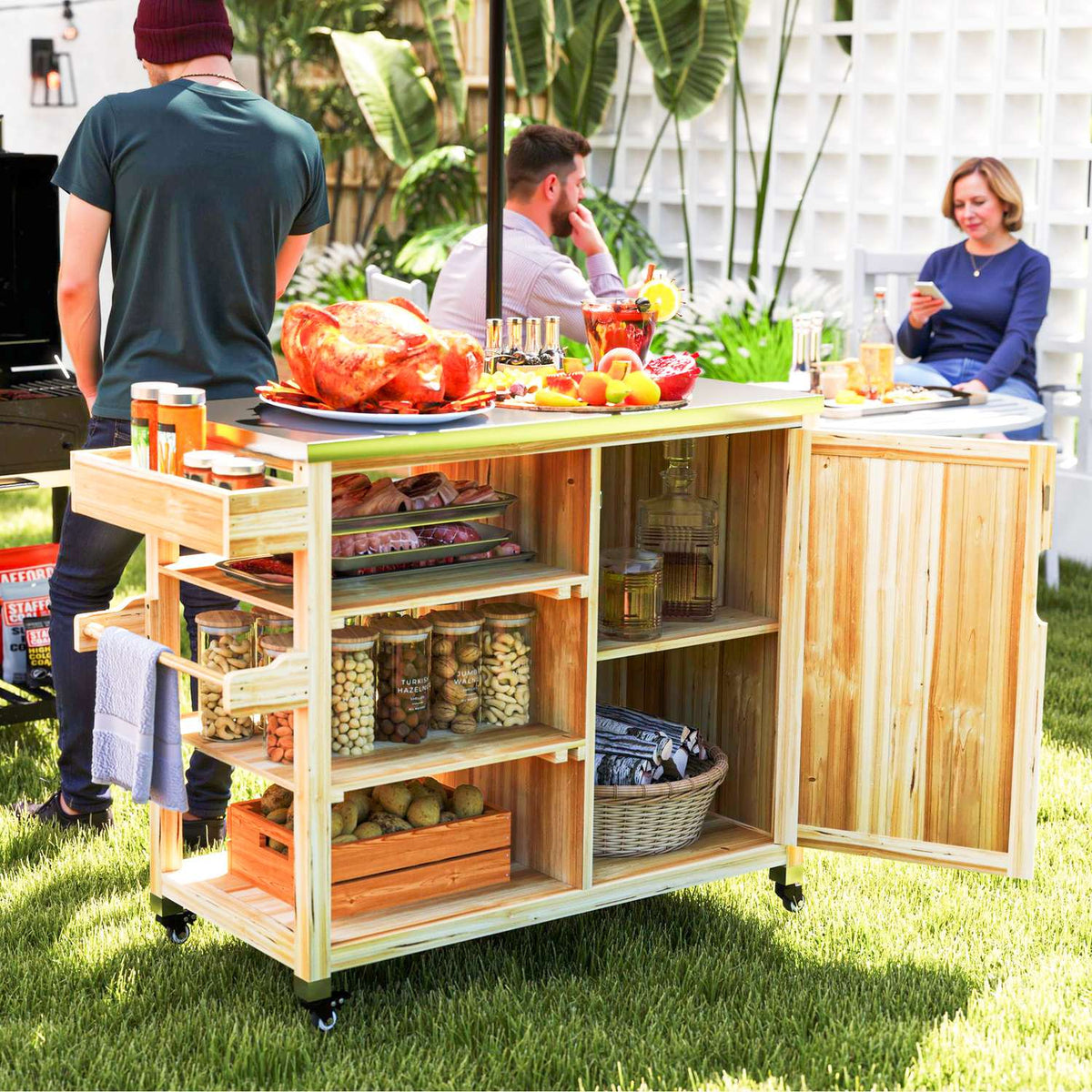Grill trolley 6-tier serving trolley with work surface towel rack, BBQ grill table made of wood, grill side table, outdoor trolley, charcoal grill for garden, terrace 134.5x50x91.5cm natural wood