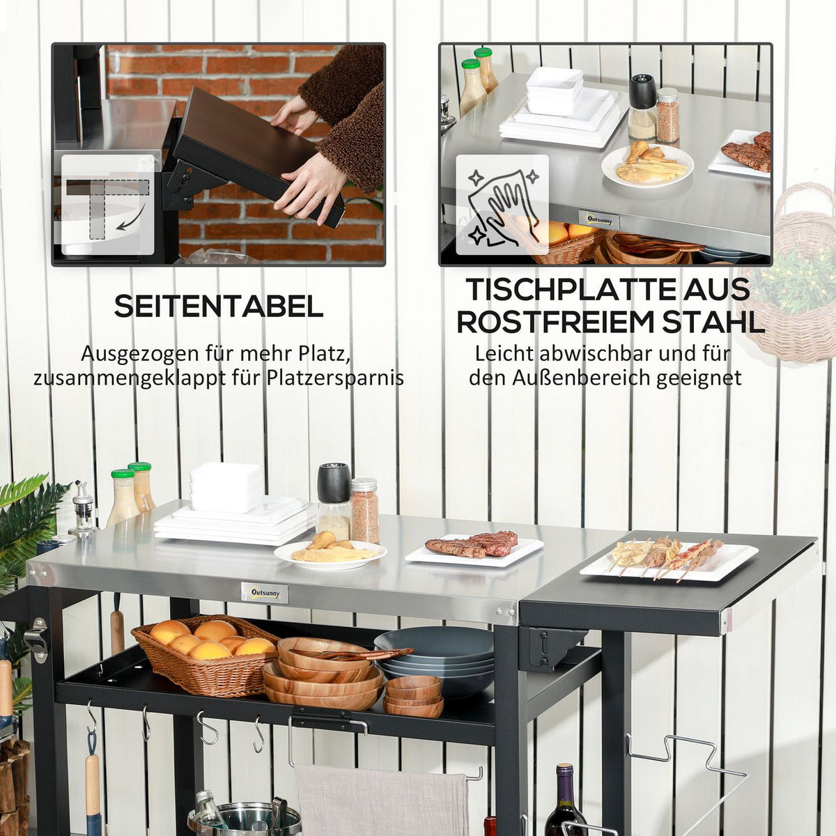 Grill trolley grill table with folding side table 3 tiers 6 hooks wheels wine rack table top for garden and patio