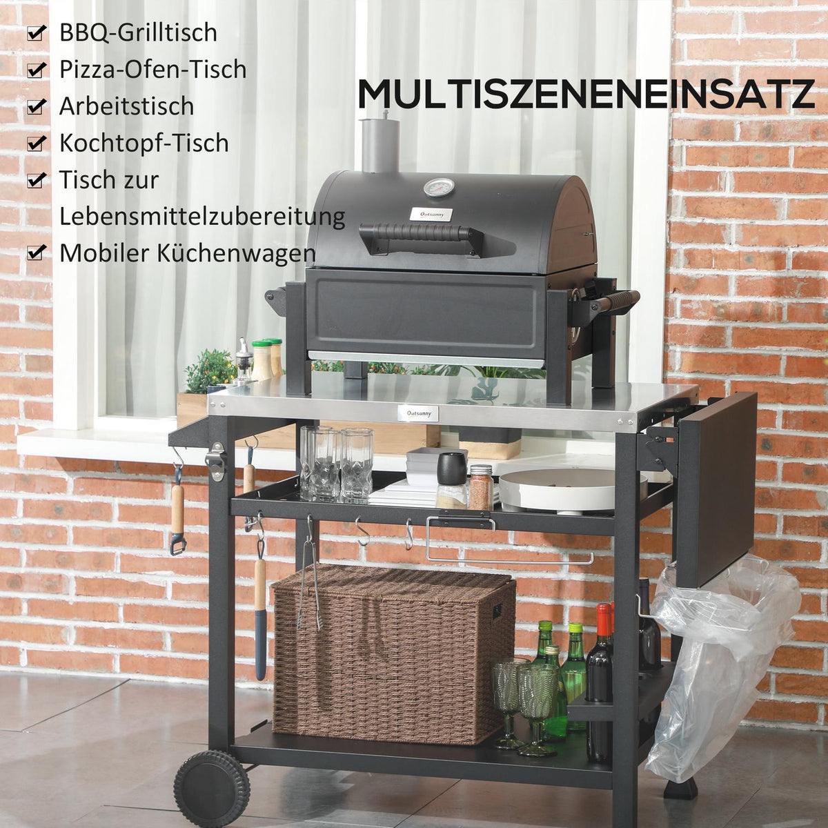 Grill trolley grill table with folding side table 3 tiers 6 hooks wheels wine rack table top for garden and patio