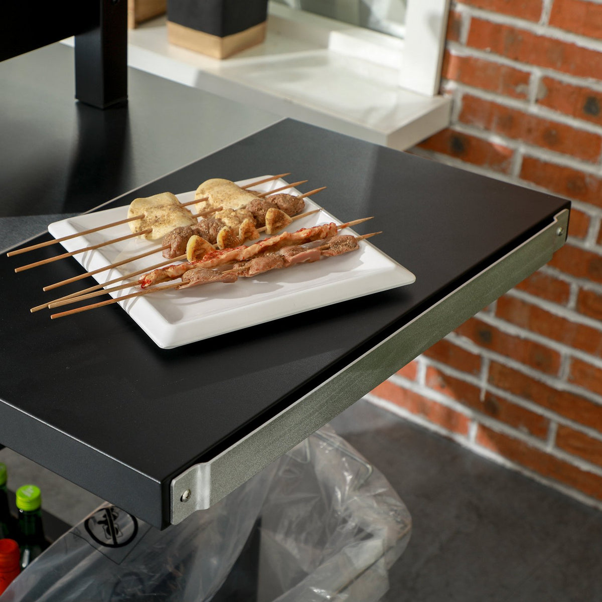 Grill trolley grill table with folding side table 3 tiers 6 hooks wheels wine rack table top for garden and patio