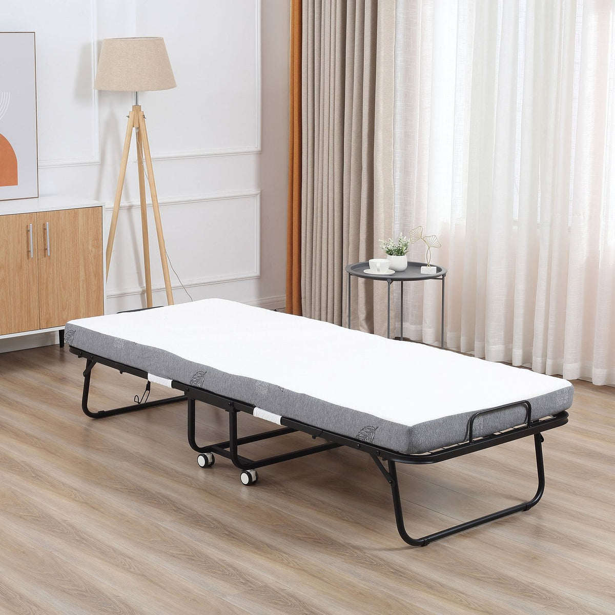 Guest Bed Folding Bed With Wheels, Steel + Foam, White + Black, 200X75X42.5Cm