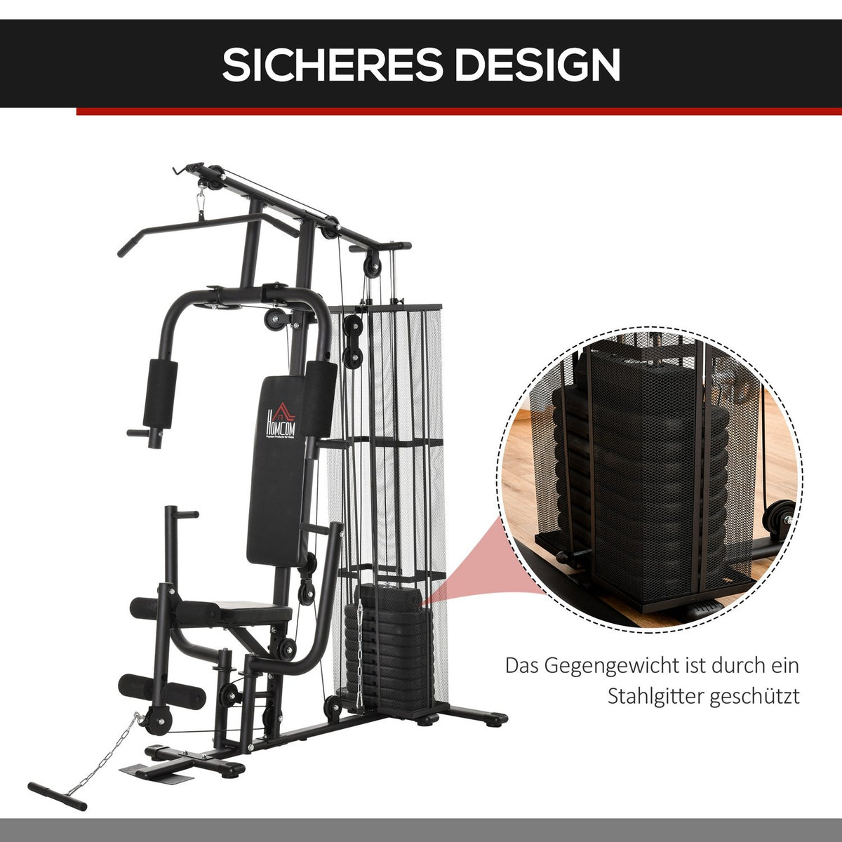 Gym Multi-Gym Fitness Station Multigym With Weights, Lat Pull-Down & Leg Curl, Metal & Pu Synthetic Leather, Black