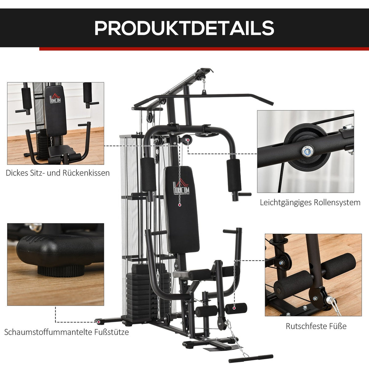 Gym Multi-Gym Fitness Station Multigym With Weights, Lat Pull-Down & Leg Curl, Metal & Pu Synthetic Leather, Black