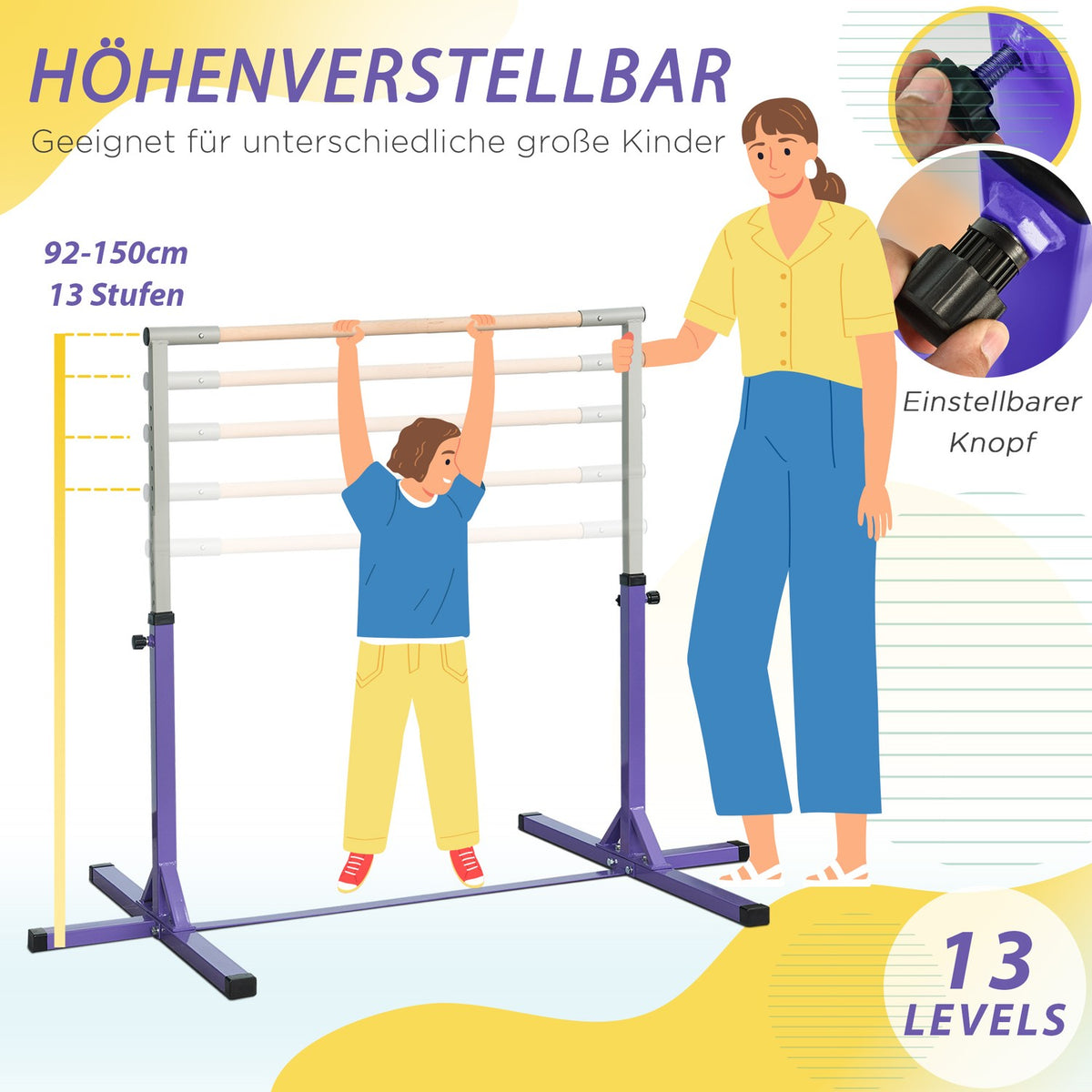 Gymnastics gymnastics bar, 13-level height-adjustable horizontal bar, high bar gymnastics bar made of wood and sturdy steel construction, can hold up to 75 kg, for 3+ children, indoor, outdoor, purple