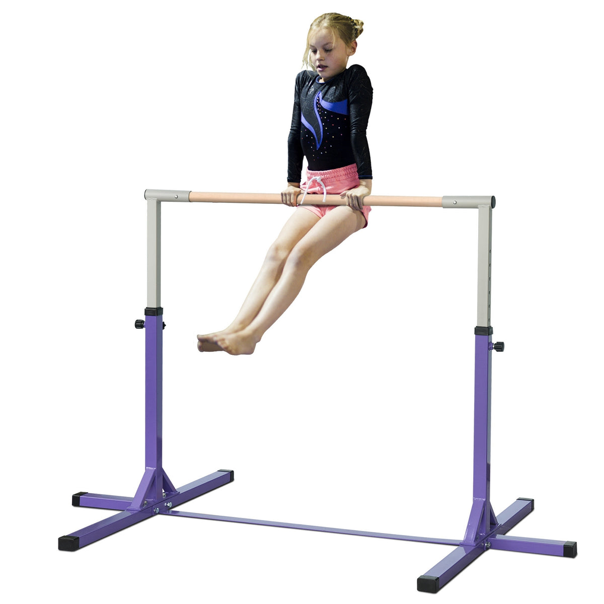 Gymnastics gymnastics bar, 13-level height-adjustable horizontal bar, high bar gymnastics bar made of wood and sturdy steel construction, can hold up to 75 kg, for 3+ children, indoor, outdoor, purple