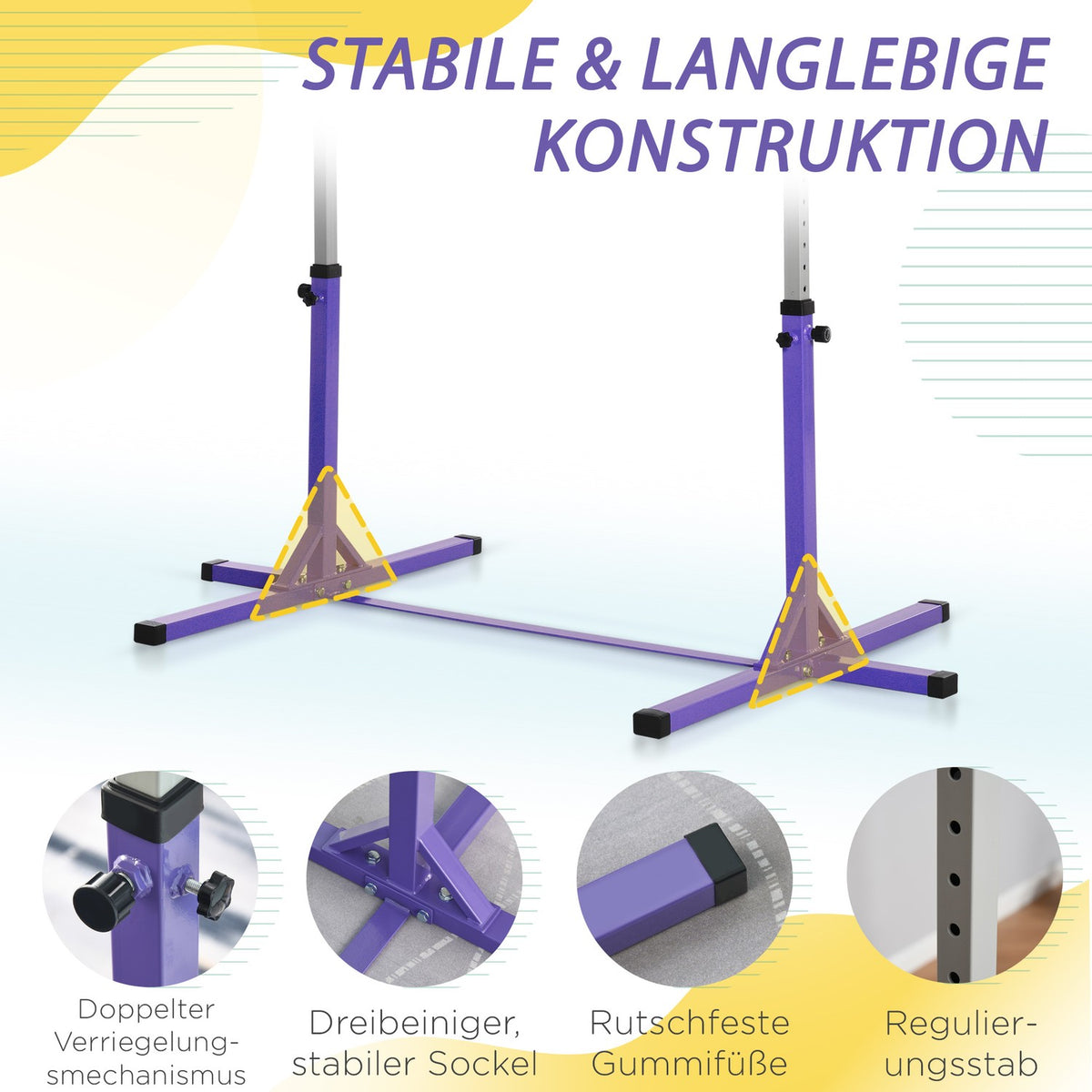 Gymnastics gymnastics bar, 13-level height-adjustable horizontal bar, high bar gymnastics bar made of wood and sturdy steel construction, can hold up to 75 kg, for 3+ children, indoor, outdoor, purple