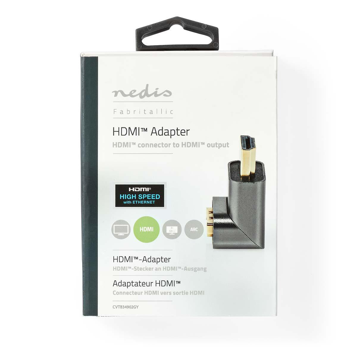 HDMI™ Adapter | HDMI™ Male / HDMI™ Plug | HDMI™ Female / HDMI™ Output | Gold Plated | Angled 270° | Aluminum | Gray With Metal | 1 pc. | Carton with covered window