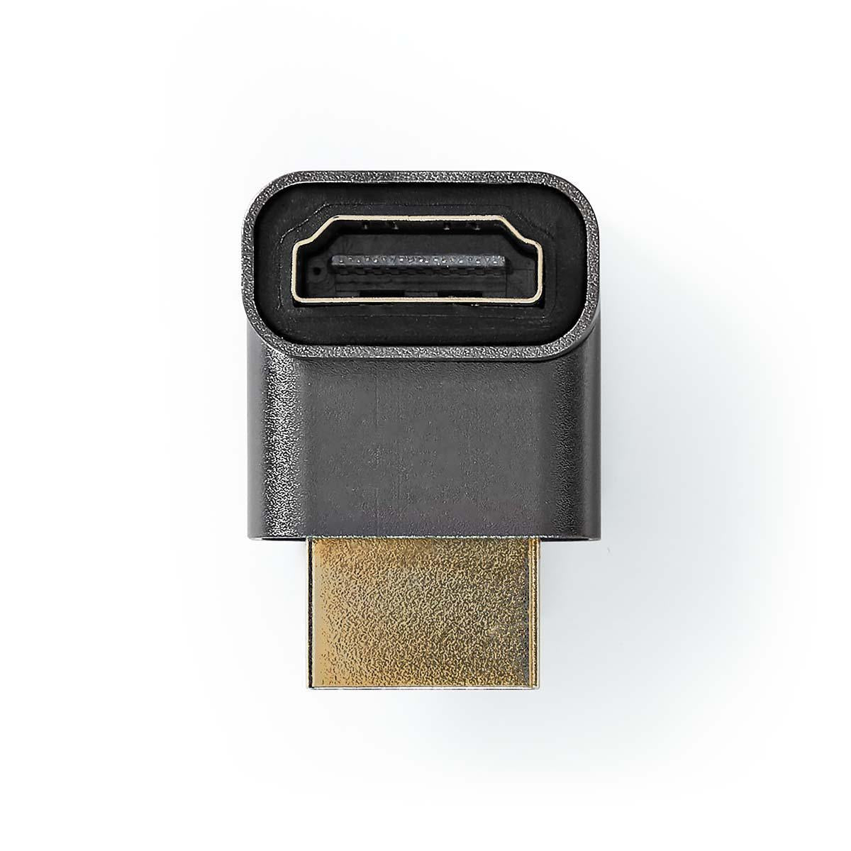 HDMI™ Adapter | HDMI™ Male / HDMI™ Plug | HDMI™ Female / HDMI™ Output | Gold Plated | Angled 270° | Aluminum | Gray With Metal | 1 pc. | Carton with covered window