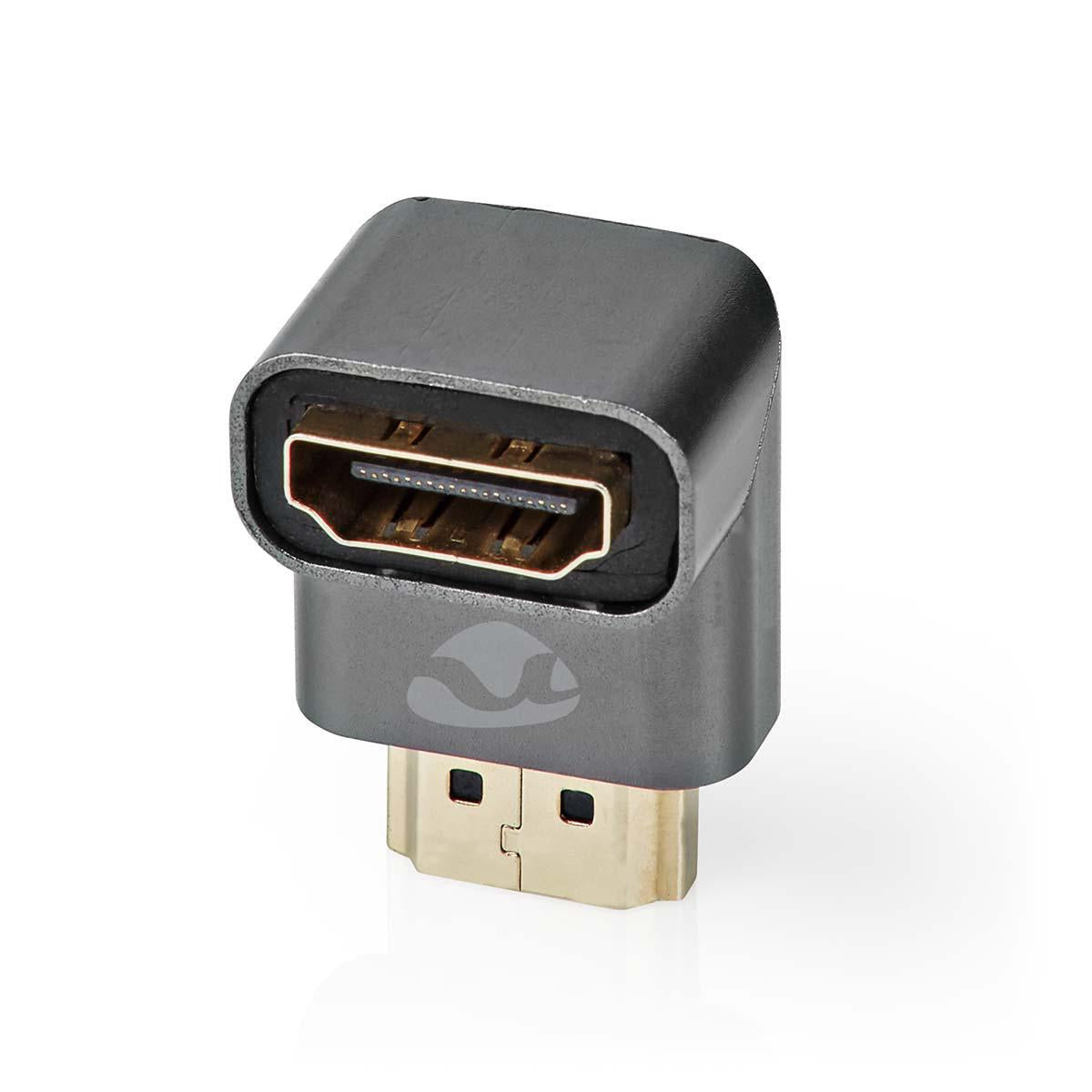 HDMI™ Adapter | HDMI™ Male / HDMI™ Plug | HDMI™ Female / HDMI™ Output | Gold Plated | Angled 90° | Aluminum | Gray With Metal | 1 pc. | Carton with covered window