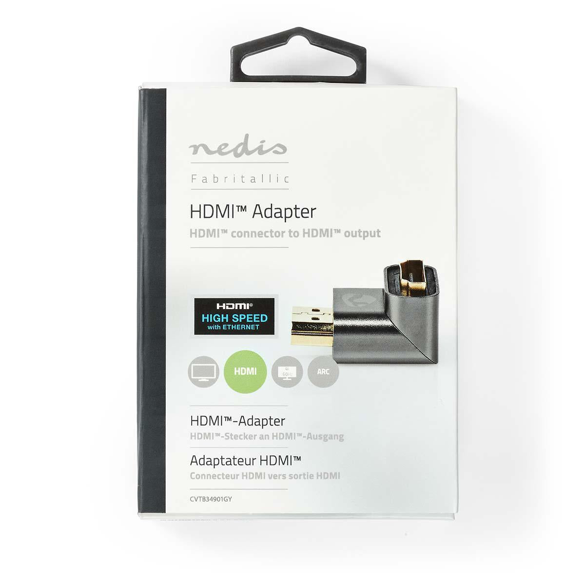 HDMI™ Adapter | HDMI™ Male / HDMI™ Plug | HDMI™ Female / HDMI™ Output | Gold Plated | Angled 90° | Aluminum | Gray With Metal | 1 pc. | Carton with covered window