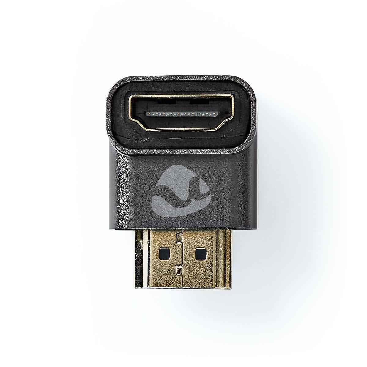 HDMI™ Adapter | HDMI™ Male / HDMI™ Plug | HDMI™ Female / HDMI™ Output | Gold Plated | Angled 90° | Aluminum | Gray With Metal | 1 pc. | Carton with covered window