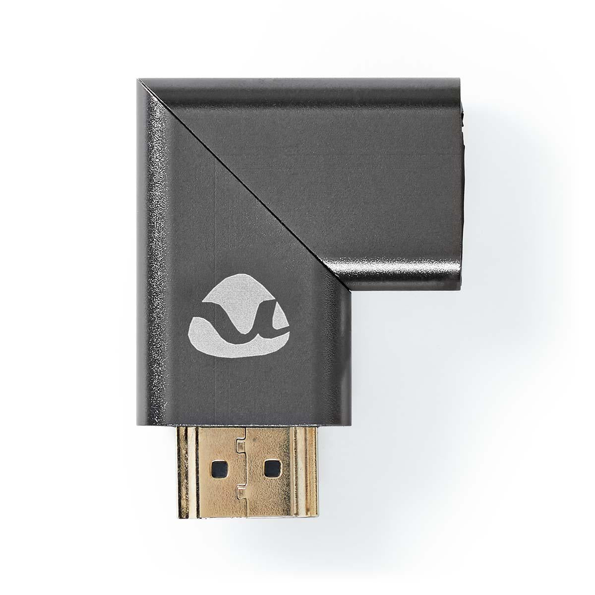 HDMI™ Adapter | HDMI™ Male / HDMI™ Plug | HDMI™ Female / HDMI™ Output | Gold Plated | Angled right | Aluminum | Gray With Metal | 1 pc. | Carton with covered window