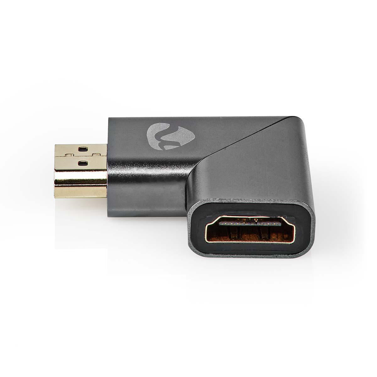HDMI™ Adapter | HDMI™ Male / HDMI™ Plug | HDMI™ Female / HDMI™ Output | Gold Plated | Angled right | Aluminum | Gray With Metal | 1 pc. | Carton with covered window